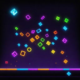 A high-energy action scene from Geometry Dash, with vividly colorful shapes, fast-paced movement, and kinetic light trails.