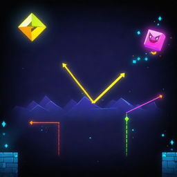 A high-energy action scene from Geometry Dash, with vividly colorful shapes, fast-paced movement, and kinetic light trails.