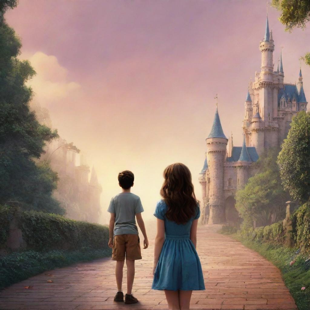 Create a Disney-inspired poster featuring a girl looking longing and wistful, with a backdrop of a boy walking away symbolizing her regret of falling for him too late