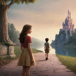 Create a Disney-inspired poster featuring a girl looking longing and wistful, with a backdrop of a boy walking away symbolizing her regret of falling for him too late