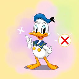 Una imagen adorable del Pato Donald, tierno, bonito y chiquito, con una expresión alegre mientras señala hacia la representación de la energía, que está claramente marcada con una 'X'