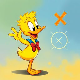 Una imagen adorable del Pato Donald, tierno, bonito y chiquito, con una expresión alegre mientras señala hacia la representación de la energía, que está claramente marcada con una 'X'