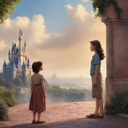 Create a Disney-inspired poster featuring a girl looking longing and wistful, with a backdrop of a boy walking away symbolizing her regret of falling for him too late