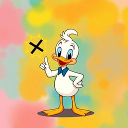 Una imagen adorable del Pato Donald, tierno, bonito y chiquito, con una expresión alegre mientras señala hacia la representación de la energía, que está claramente marcada con una 'X'