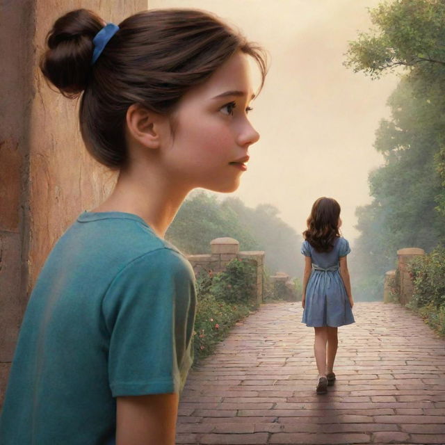 Create a Disney-inspired poster featuring a girl looking longing and wistful, with a backdrop of a boy walking away symbolizing her regret of falling for him too late