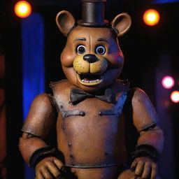 A highly detailed, fully functional Freddy Fazbear animatronic, with intricate metal mechanisms and a friendly exterior sitting under colorful stage lights.