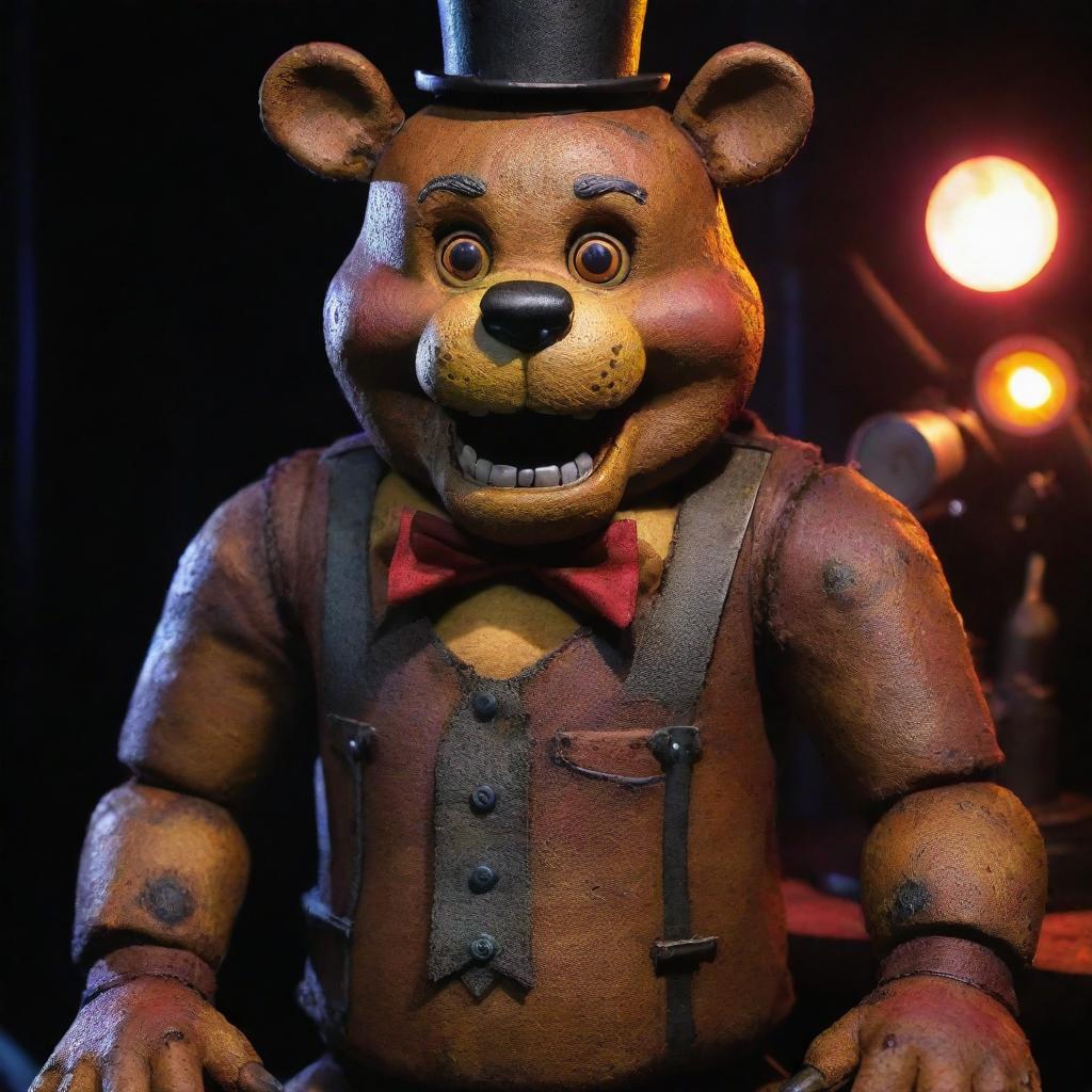 A highly detailed, fully functional Freddy Fazbear animatronic, with intricate metal mechanisms and a friendly exterior sitting under colorful stage lights.