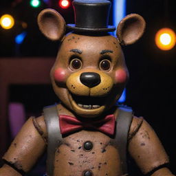 A highly detailed, fully functional Freddy Fazbear animatronic, with intricate metal mechanisms and a friendly exterior sitting under colorful stage lights.