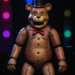 A highly detailed, fully functional Freddy Fazbear animatronic, with intricate metal mechanisms and a friendly exterior sitting under colorful stage lights.