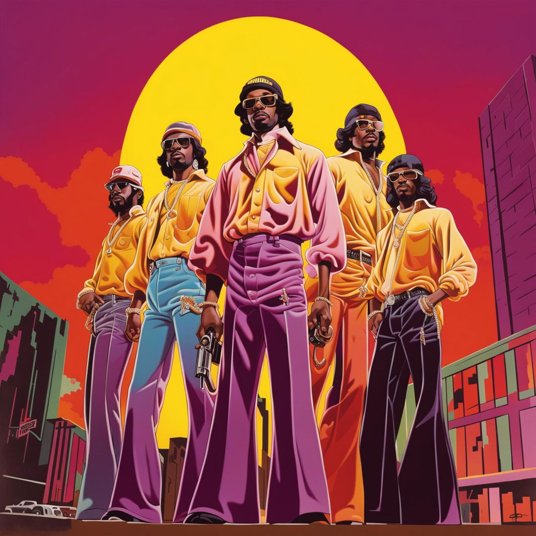 70s rap album cover with four rappers in a cityscape at sunset. One rapper holds a glock, symbolizing their struggle. Bold graffiti-style lettering for the album title.