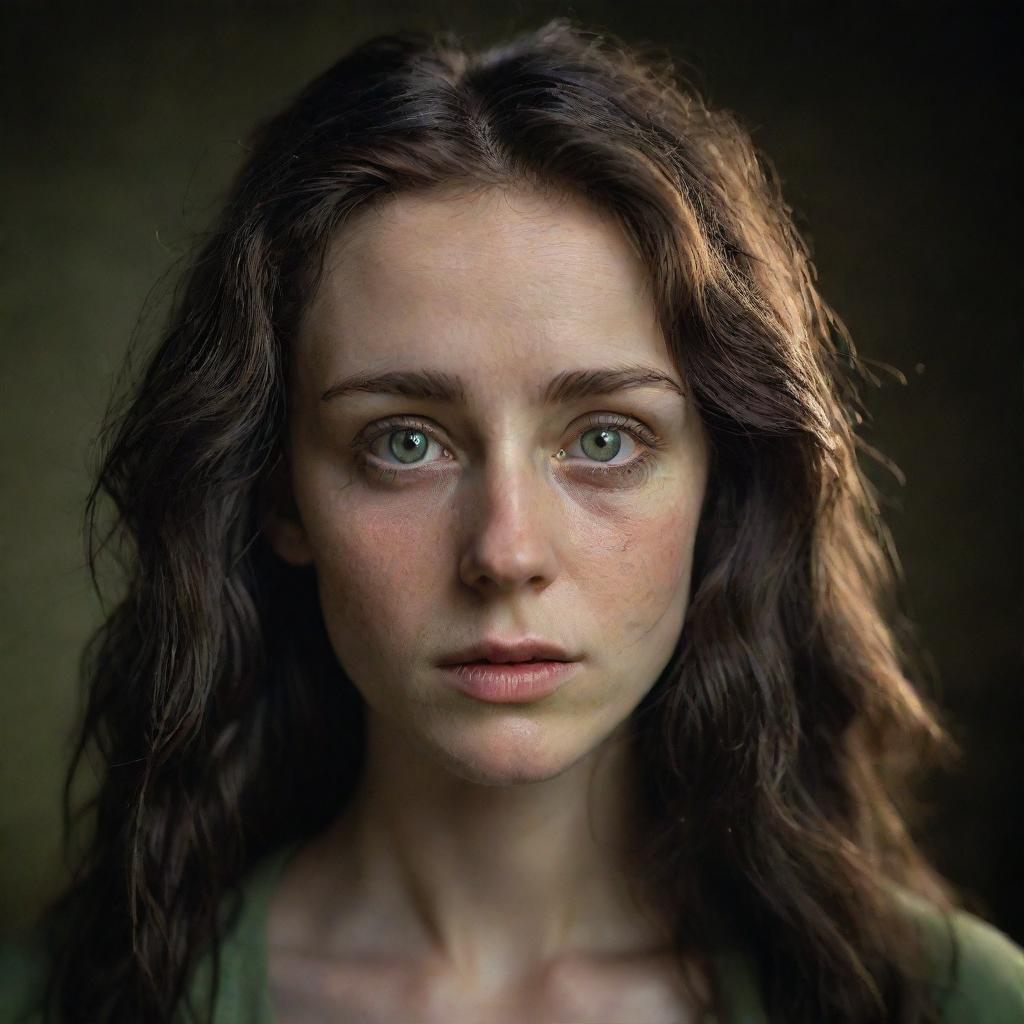 A 16k highly detailed, photo-realistic image of a poignant, beautiful 23-year-old woman with pale hazel-green irises and thick, messy dark hair. She's in a war-torn background, under low light. The front view of her symmetrical face echoes James Nachtwey's photographic style.