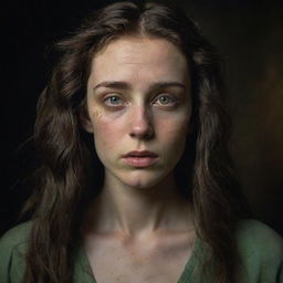 A 16k highly detailed, photo-realistic image of a poignant, beautiful 23-year-old woman with pale hazel-green irises and thick, messy dark hair. She's in a war-torn background, under low light. The front view of her symmetrical face echoes James Nachtwey's photographic style.