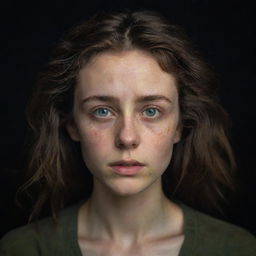 A 16k highly detailed, photo-realistic image of a poignant, beautiful 23-year-old woman with pale hazel-green irises and thick, messy dark hair. She's in a war-torn background, under low light. The front view of her symmetrical face echoes James Nachtwey's photographic style.