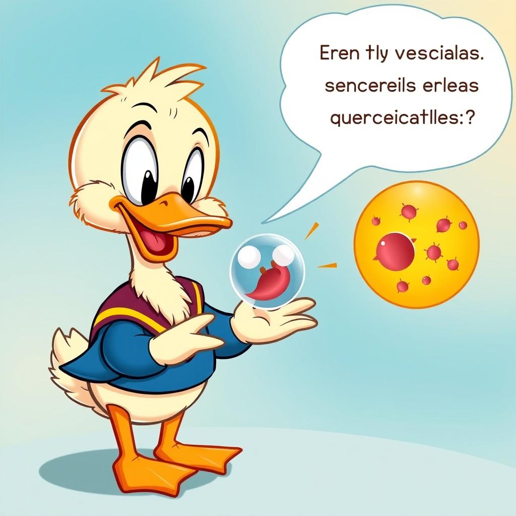 Una imagen adorable del Pato Donald, tierno, bonito y chiquito, con una expresión curiosa mientras enseña sobre partículas encerradas en vesículas de membrana plasmática