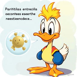 Una imagen adorable del Pato Donald, tierno, bonito y chiquito, con una expresión curiosa mientras enseña sobre partículas encerradas en vesículas de membrana plasmática