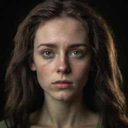 A 16k highly detailed, photo-realistic image of a poignant, beautiful 23-year-old woman with pale hazel-green irises and thick, messy dark hair. She's in a war-torn background, under low light. The front view of her symmetrical face echoes James Nachtwey's photographic style.