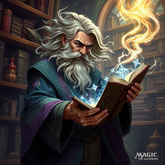 A dynamic fantasy illustration of a wizard hastily flipping through the pages of an ancient, ornate spellbook