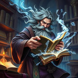 A dynamic fantasy illustration of a wizard hastily flipping through the pages of an ancient, ornate spellbook