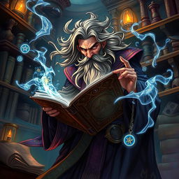 A dynamic fantasy illustration of a wizard hastily flipping through the pages of an ancient, ornate spellbook