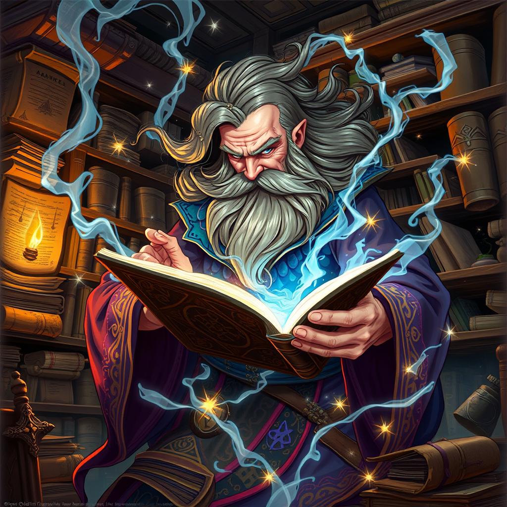 A dynamic fantasy illustration of a wizard hastily flipping through the pages of an ancient, ornate spellbook