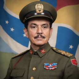 Generate a gallant image of José Dolores Estrada, a hero of Nicaraguan independence, in his military uniform, against the backdrop of vibrant Nicaraguan culture.