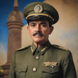 Generate a gallant image of José Dolores Estrada, a hero of Nicaraguan independence, in his military uniform, against the backdrop of vibrant Nicaraguan culture.