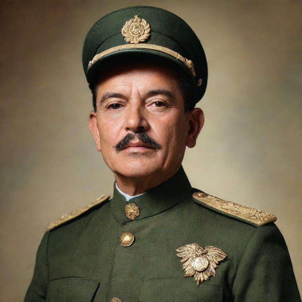 Generate a gallant image of José Dolores Estrada, a hero of Nicaraguan independence, in his military uniform, against the backdrop of vibrant Nicaraguan culture.