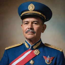 Generate a gallant image of José Dolores Estrada, a hero of Nicaraguan independence, in his military uniform, against the backdrop of vibrant Nicaraguan culture.