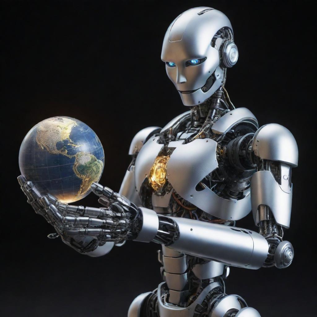 A high-definition image of a mechanical humanoid robot, rendered with precise details and metallic finish, gently holding a glowing 3D-rendered globe in its hands.