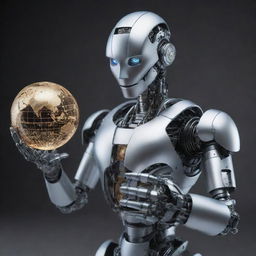 A high-definition image of a mechanical humanoid robot, rendered with precise details and metallic finish, gently holding a glowing 3D-rendered globe in its hands.