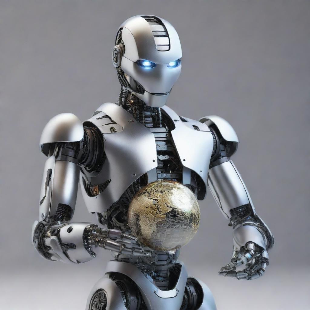 A high-definition image of a mechanical humanoid robot, rendered with precise details and metallic finish, gently holding a glowing 3D-rendered globe in its hands.