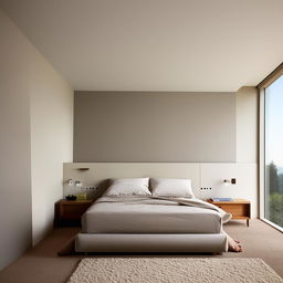 A minimalist bedroom with stylish, contemporary furniture, soothing colors, and simple designs.