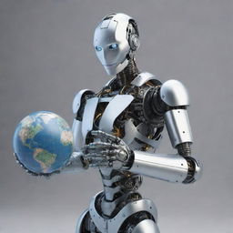 A high-definition image of a mechanical humanoid robot, rendered with precise details and metallic finish, gently holding a glowing 3D-rendered globe in its hands.