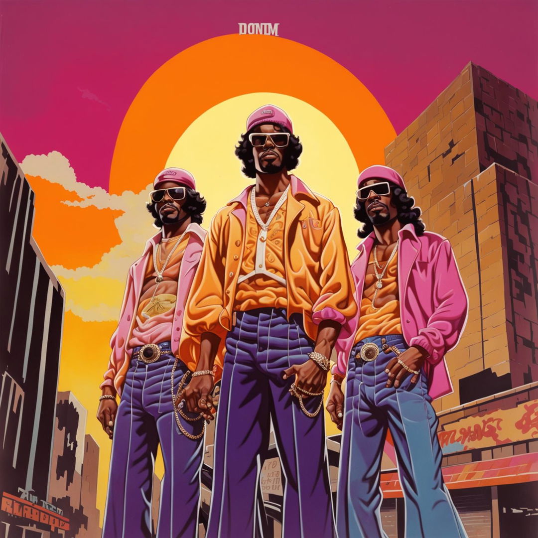 70s rap album cover with three rappers in a cityscape at sunset. One rapper holds a glock, symbolizing their struggle. Bold graffiti-style lettering for the album title.