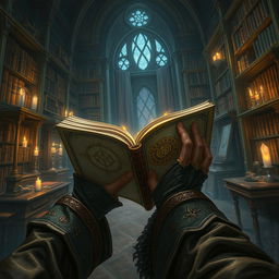 A detailed fantasy illustration capturing the perspective of looking over the shoulder of a wizard hastily flipping through the pages of an ancient spellbook