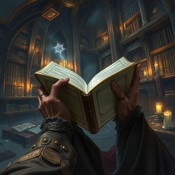 A detailed fantasy illustration capturing the perspective of looking over the shoulder of a wizard hastily flipping through the pages of an ancient spellbook