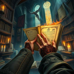 A detailed fantasy illustration capturing the perspective of looking over the shoulder of a wizard hastily flipping through the pages of an ancient spellbook