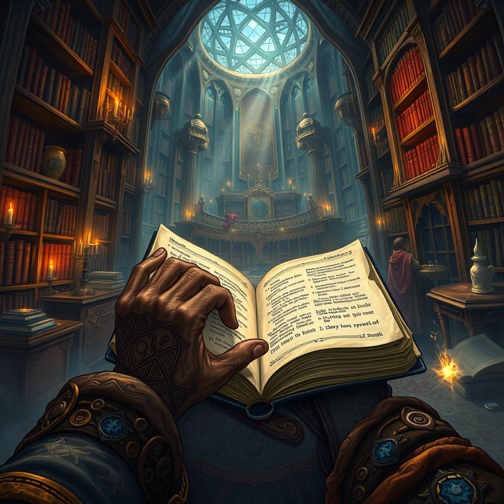 A detailed fantasy illustration capturing the perspective of looking over the shoulder of a wizard hastily flipping through the pages of an ancient spellbook