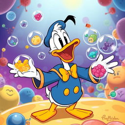 A whimsical cartoon-style image featuring Donald Duck excitedly presenting various colorful particles contained within membrane vesicles