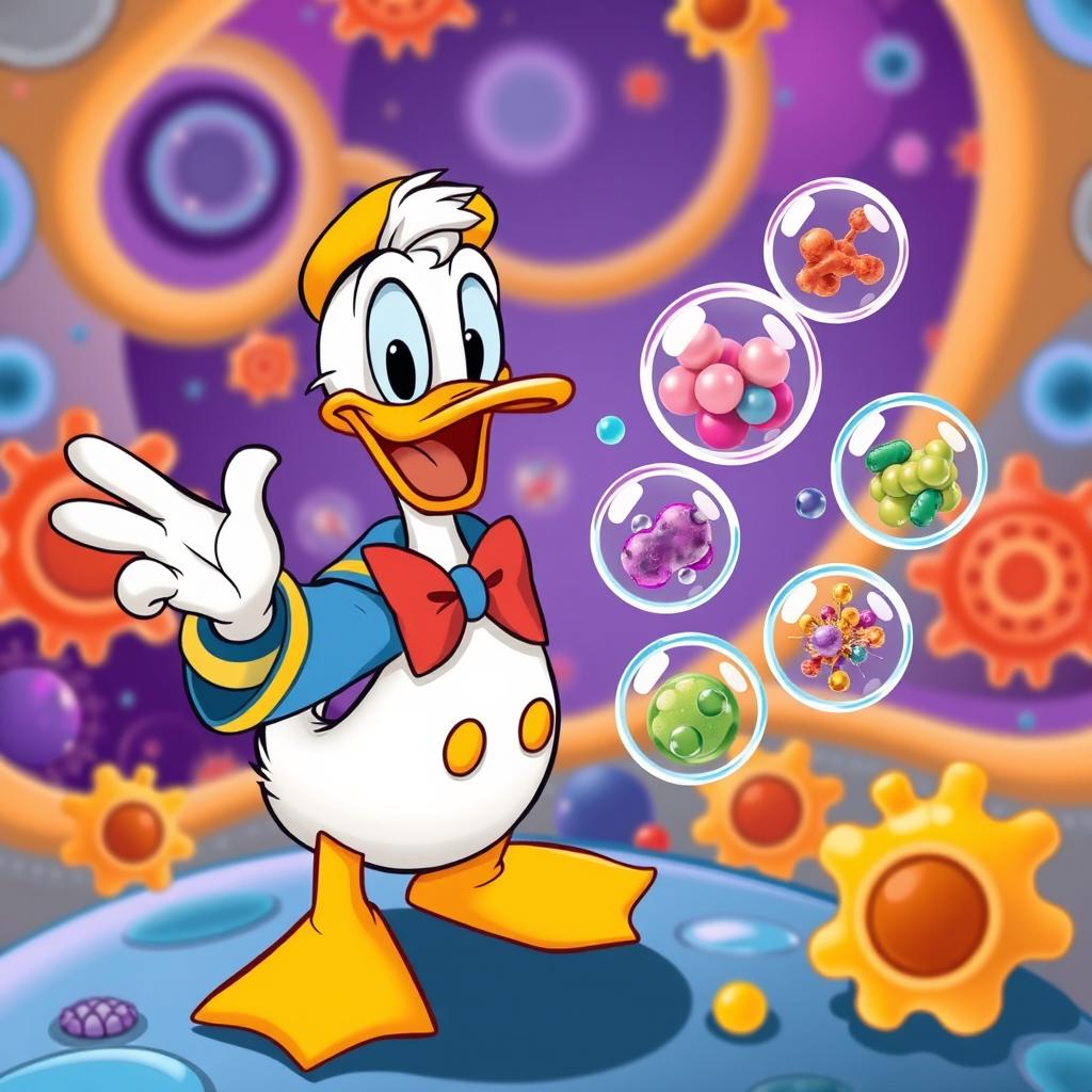 A whimsical cartoon-style image featuring Donald Duck excitedly presenting various colorful particles contained within membrane vesicles