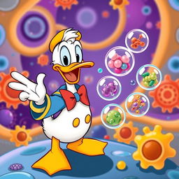 A whimsical cartoon-style image featuring Donald Duck excitedly presenting various colorful particles contained within membrane vesicles