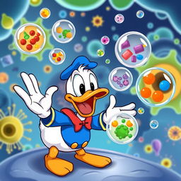 A whimsical cartoon-style image featuring Donald Duck excitedly presenting various colorful particles contained within membrane vesicles