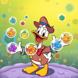 A whimsical cartoon-style image featuring Donald Duck excitedly presenting various colorful particles contained within membrane vesicles