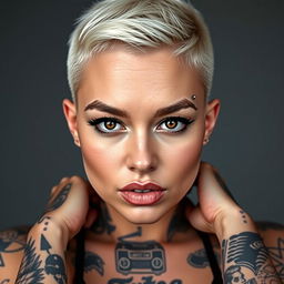 A striking portrait of a woman with closely cropped blonde hair, almost shaved, showcasing her bold style