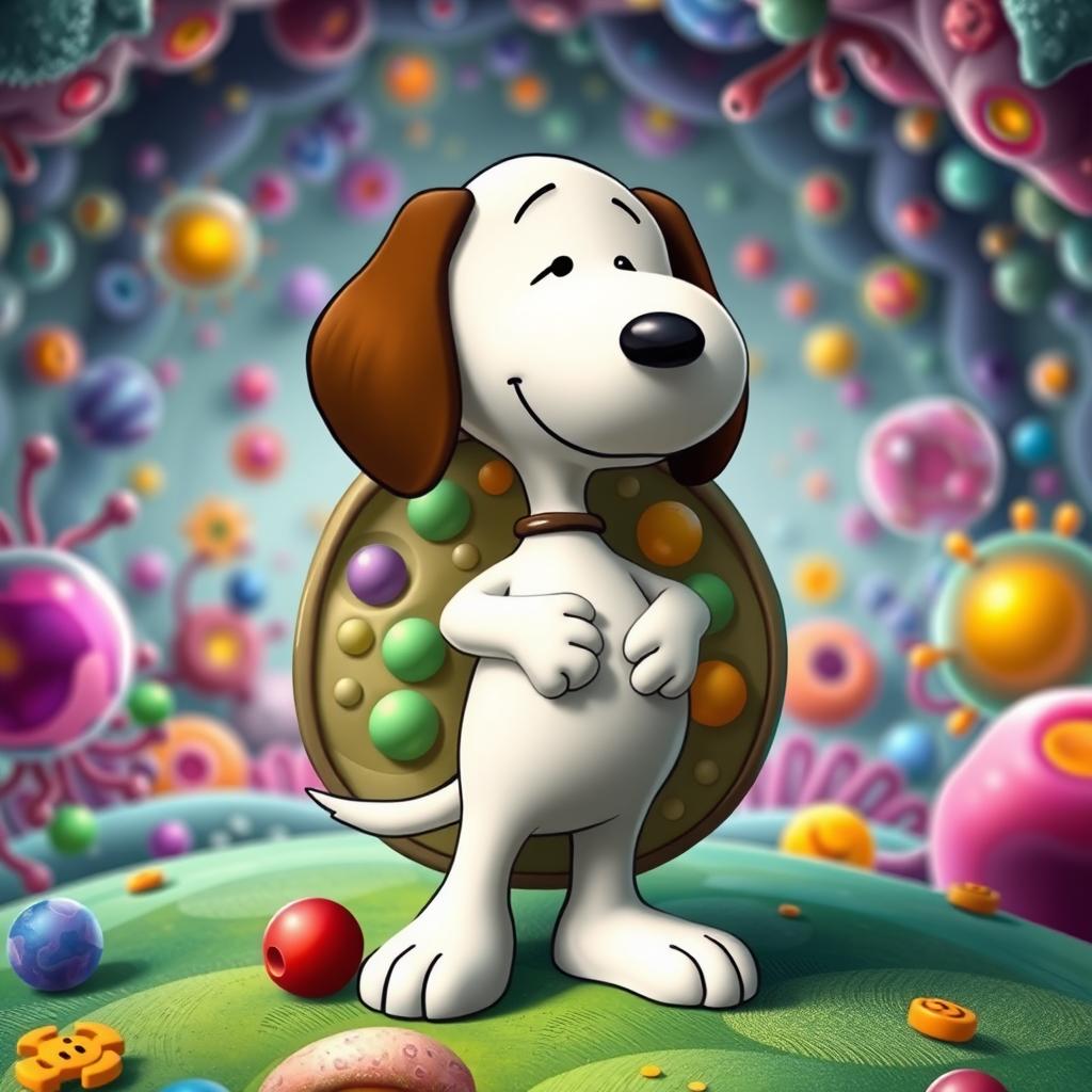 A creative interpretation of Snoopy, the beloved cartoon beagle, designed to resemble a cell with a detailed cell membrane