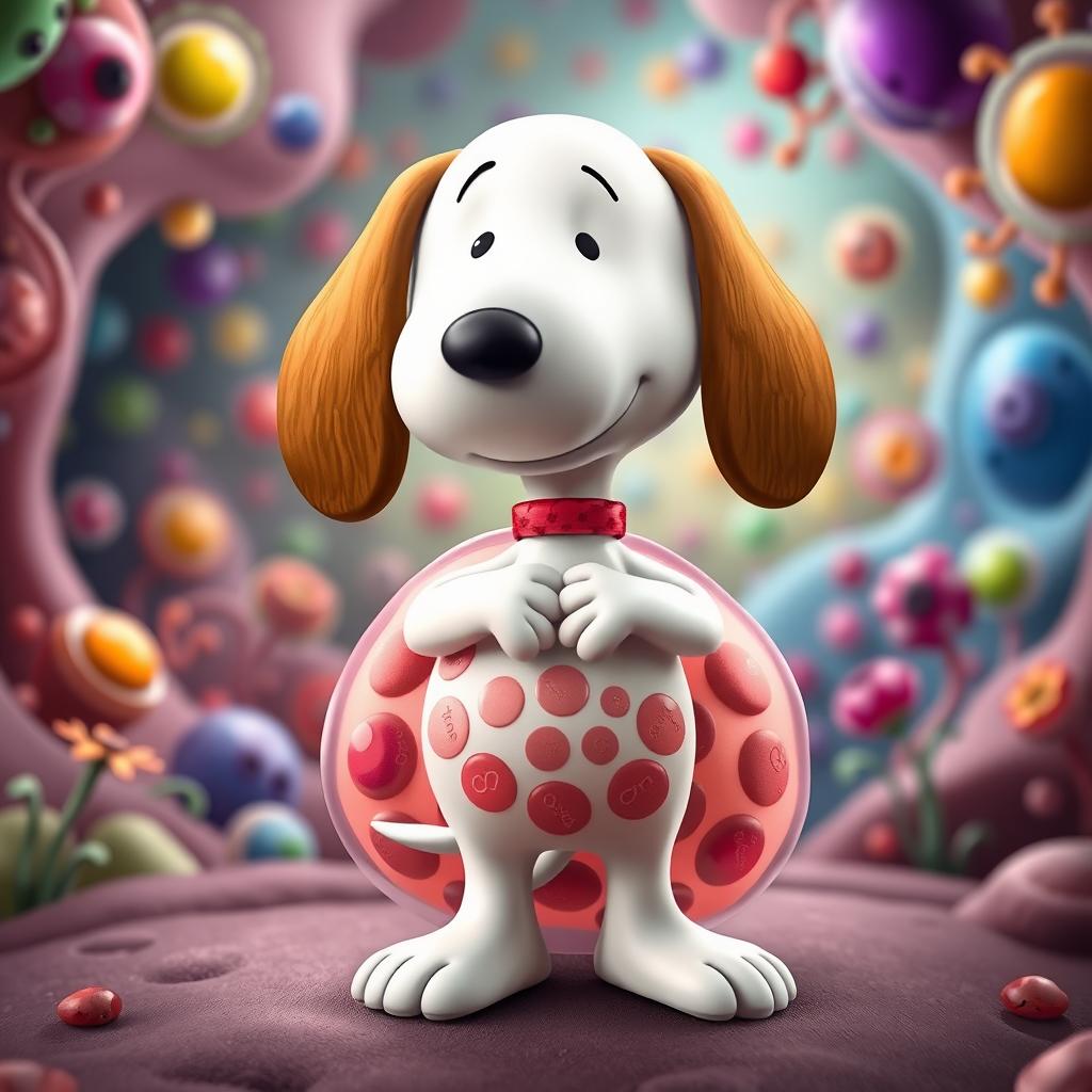 A creative interpretation of Snoopy, the beloved cartoon beagle, designed to resemble a cell with a detailed cell membrane