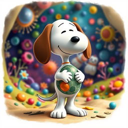 A creative interpretation of Snoopy, the beloved cartoon beagle, designed to resemble a cell with a detailed cell membrane