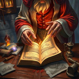 A captivating fantasy illustration depicting the viewer's perspective of looking over the shoulder of a wizard dressed in elegant red and white robes, hastily flipping through the pages of an ancient mystical book resting on a wooden table