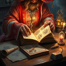 A captivating fantasy illustration depicting the viewer's perspective of looking over the shoulder of a wizard dressed in elegant red and white robes, hastily flipping through the pages of an ancient mystical book resting on a wooden table