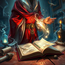 A captivating fantasy illustration depicting the viewer's perspective of looking over the shoulder of a wizard dressed in elegant red and white robes, hastily flipping through the pages of an ancient mystical book resting on a wooden table